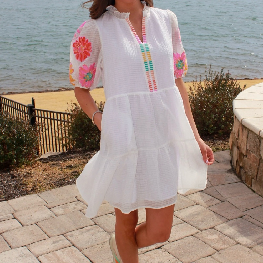 THML White Mini Dress with Pink and Orange Floral Accents